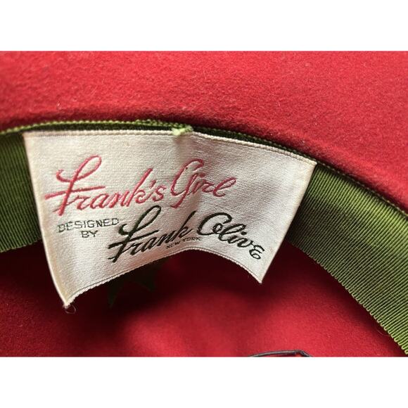 Frank's Girl by Frank Olive Red Wool Hat Feather Accent Fawn Finish Vintage - Picture 9 of 10
